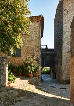 Street with ancient buildings in Grambois village, South France, Provence