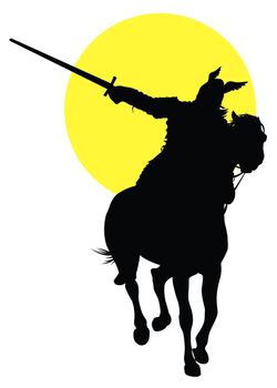 Viking with sword on horseback on sun background. Vector silhouette