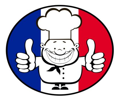 Smiling cartoon chef showing thumbs up on French flag background. Vector on separate layers.