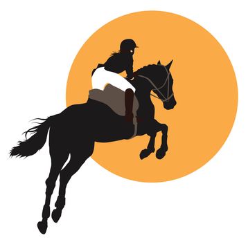 Horse and rider jumping on orange background. Vector EPS10