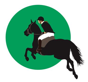 Horse and rider jumping on green background. Vector EPS10