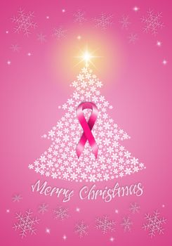 illustration of Christmas tree with pink ribbon