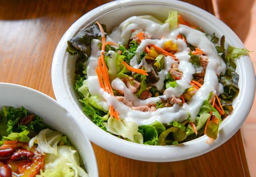 vegetable salad with tuna in a bowl on wood table