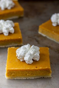 Pumpkin pie bars with fresh whipped topping.
