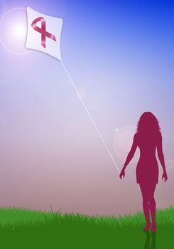 Woman with kite with pink ribbon