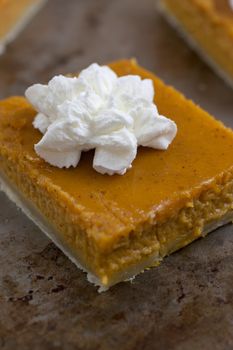 Pumpkin pie bars with fresh whipped topping.