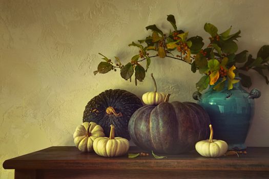 Fall pumpkins and gourds on table with vintage feel