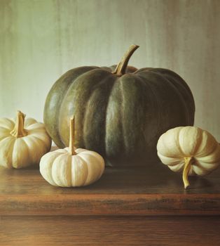 Green pumpkin and small white gourds on table 