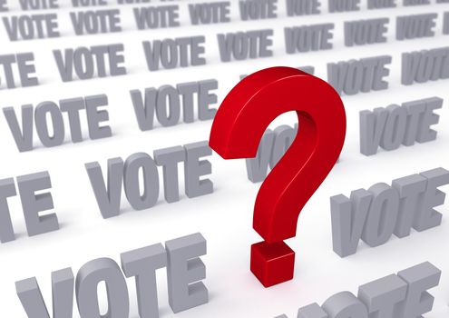 A large, red question mark stands out in a field of gray "VOTE"s on white background. Shallow DOF with focus on the question mark.