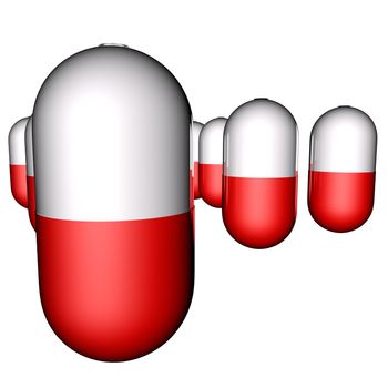 Standing white and red pills isolated over white, 3d render