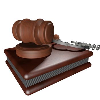 Court gavel, book and handcuffs isolated over white, 3d render