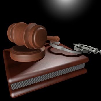 Court gavel, book and handcuffs over black background, 3d render