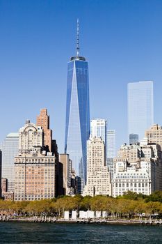 The New York City skyline at afternoon w the Freedom tower 2014