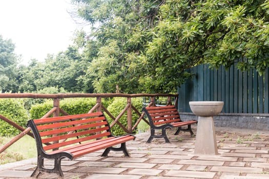 Seats benches whit fountains and trees