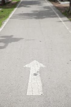 Directional arrow on the road. Path around park Road straight ahead.