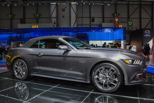 GENEVA, SWITZERLAND - MARCH 4: Ford Mustang convertible during the Geneva Motor Show, Geneva, Switzerland, March 4, 2014. 