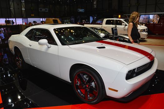 GENEVA, SWITZERLAND - MARCH 4: Dodge Challenger on display during the Geneva Motor Show, Geneva, Switzerland, March 4, 2014. 