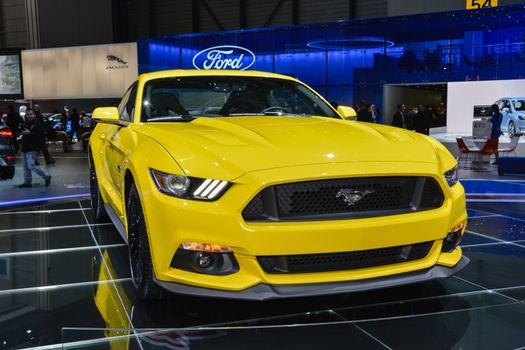 GENEVA, SWITZERLAND - MARCH 4: Ford Mustang coupe on display during the Geneva Motor Show, Geneva, Switzerland, March 4, 2014. 