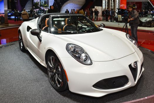 GENEVA, SWITZERLAND - MARCH 4: Alfa Romeo 4C Spider on display during the Geneva Motor Show, Geneva, Switzerland, March 4, 2014. 