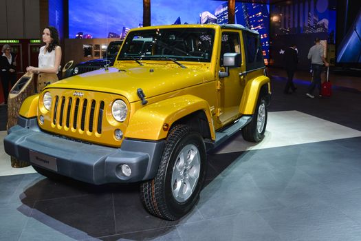 GENEVA, SWITZERLAND - MARCH 4: Jeep Wrangler on display during the Geneva Motor Show, Geneva, Switzerland, March 4, 2014. 