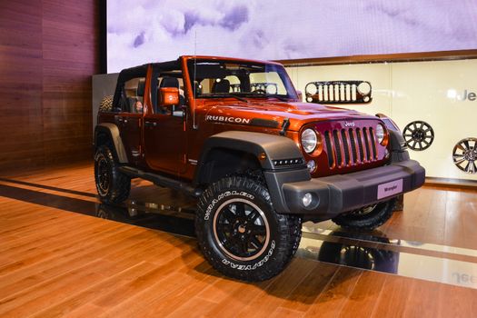 GENEVA, SWITZERLAND - MARCH 4: Jeep Wrangler Rubicon on display during the Geneva Motor Show, Geneva, Switzerland, March 4, 2014. 