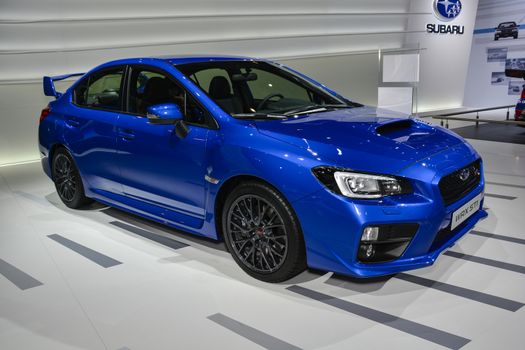 GENEVA, SWITZERLAND - MARCH 4: Subaru WRX STI on display during the Geneva Motor Show, Geneva, Switzerland, March 4, 2014. 