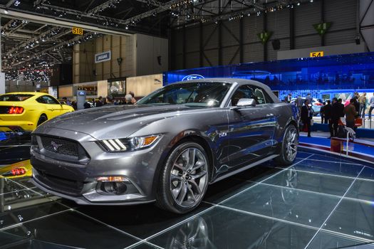 GENEVA, SWITZERLAND - MARCH 4: Ford Mustang convertible on display during the Geneva Motor Show, Geneva, Switzerland, March 4, 2014. 