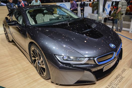 GENEVA, SWITZERLAND - MARCH 4: BMW i8 plug-in hybrid on display during the Geneva Motor Show, Geneva, Switzerland, March 4, 2014. 