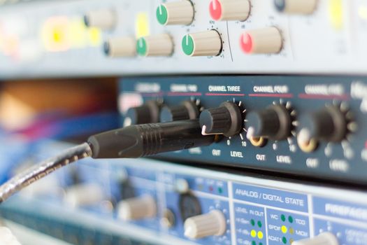 Recoring audio production equipment at a recording studio, close-up