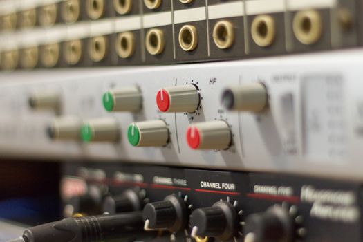 Recoring audio production equipment at a recording studio, close-up