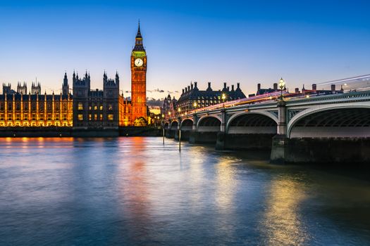 Big Ben, Queen Elizabeth Tower and Wesminster Bridge Illuminated in the Evening, London, United Kingdom