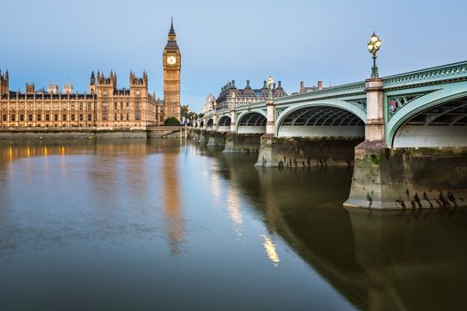 Big Ben, Queen Elizabeth Tower and Wesminster Bridge Illuminated in the Morning, London, United Kingdom