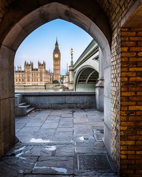 Big Ben, Queen Elizabeth Tower and Wesminster Bridge framed in Arch, London, United Kingdom