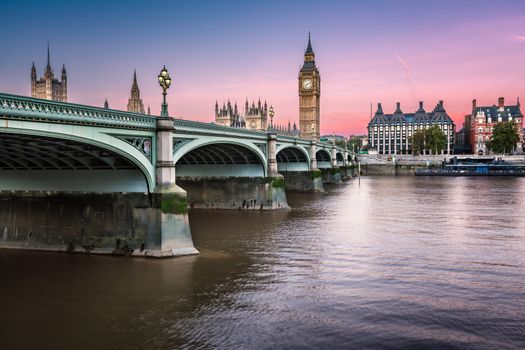 Big Ben, Queen Elizabeth Tower and Wesminster Bridge Illuminated at Dawn, London, United Kingdom