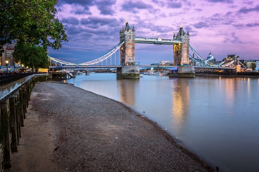 Thames Embankment and Tower Bridge at Sunset, London, United Kingdom