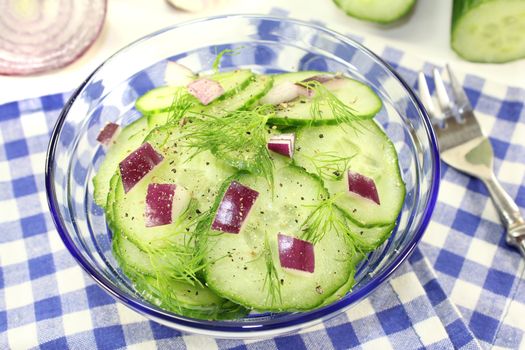 Cucumber salad with red onions and dill in a bowl