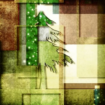 Christmas greeting card, fir tree on geometric papers background