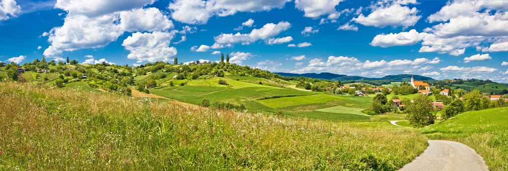 Idyllic green agricultural  landscape and village of Glogovnica panoramic view, Croatia