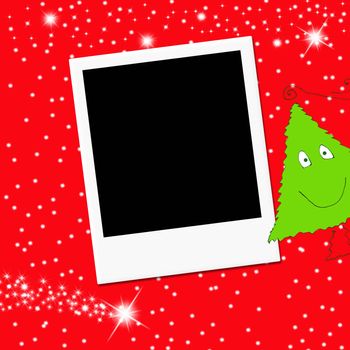 Cute Christmas tree and blank  photo frame on red background