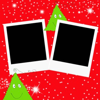 Christmas greeting card with two empty picture frames and cute trees in red background