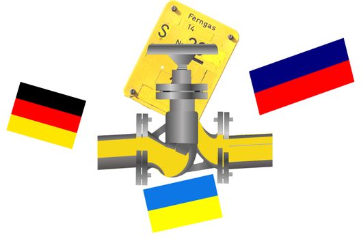 Image with national flags of Germany, Ukraine, Russia gas pipeline and gas shut-off valve plate.
