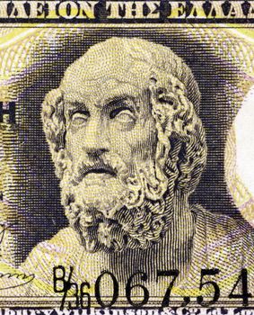Homer on 1 Drachma 1917 Banknote from Greece. Author of the Iliad and the Odyssey, considered as the greatest of ancient Greek epic poets. His epics lie at the beginning of the Western canon of literature and have had an enormous influence on the history of literature.