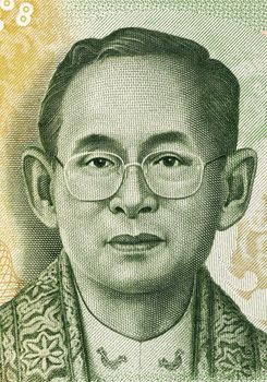 King Rama IX (born 1927) on 20 Baht 2013 Banknote from Thailand. King of Thailand.