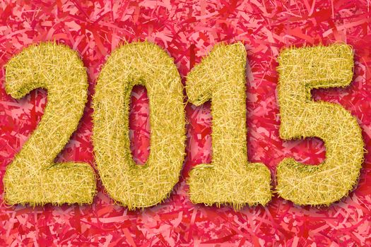 2015 digits composed of golden stripes on red background. High resolution 3D image