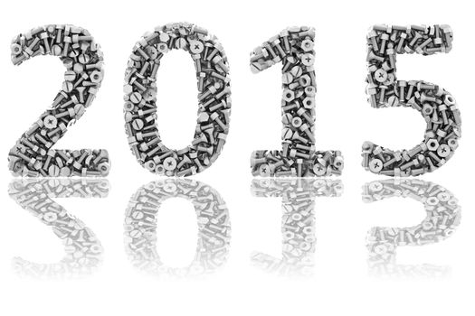 2015 digits composed of differnt bolts and nuts on glossy white background. High resolution 3D image