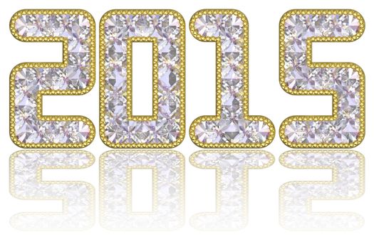 2015 digits composed of gems in golden rim on glossy white background. High resolution 3D image
