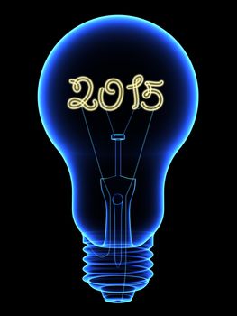 X-Ray lightbulb with sparkling 2015 digits inside isolated on black. High resolution 3D image
