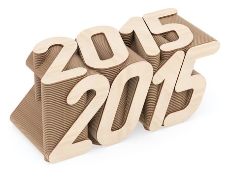 2015 digits composed of intersected wood panels on white background. High resolution 3D image
