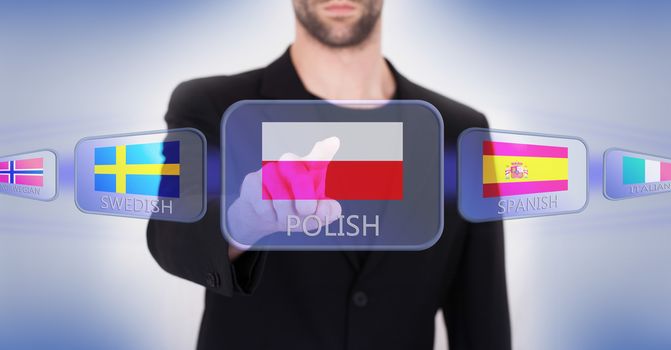 Hand pushing on a touch screen interface, choosing language or country, Polish