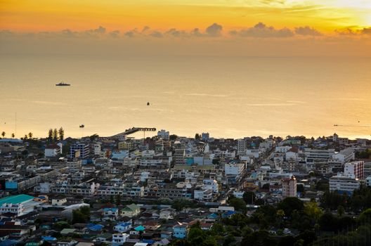 High angle view Hua Hin city at sunrise beautiful scenery town seaside in Prachuap Khiri Khan Province of Thailand.